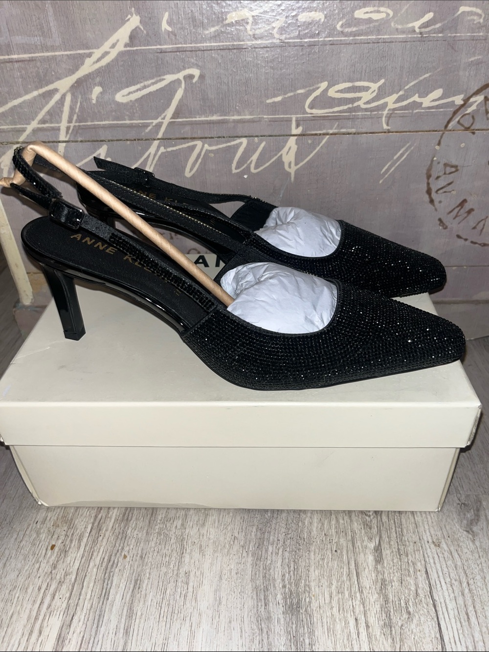 Anne Klein Black Sparkle Pointed Slingback Heels